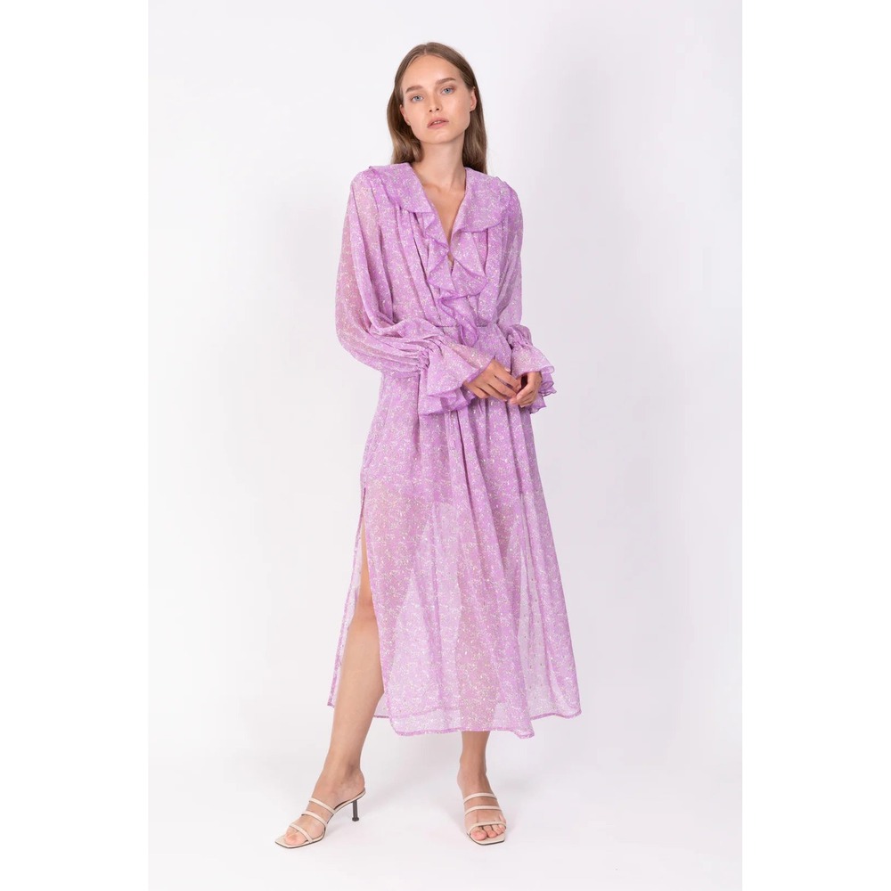 Sabina Musayev Kolanta Lilac Floral Ruffle Midi Dress Gold Purple Womens Size M